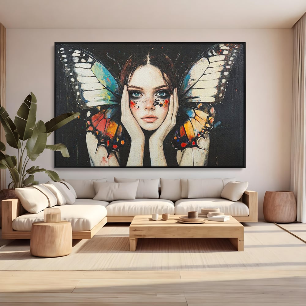 Tablou canvas cu tablou canvas cu femeie si aripi de fluture, in rama de aluminiu negru, pe perete intr-un living